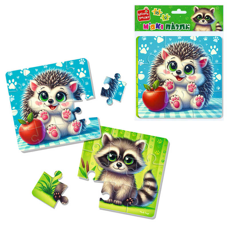 гр М’які пазли "Єнот та їжачок" VT1102-36 (24) "Vladi Toys", 2 пазли, 9 елементів та 16 елементів,в пакеті