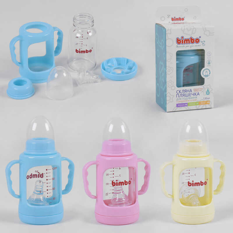 гр Пляшка скляна 99396 (48) "BIMBO" з силіконовою соскою, 120 мл, 3 кольори, 1шт в коробці