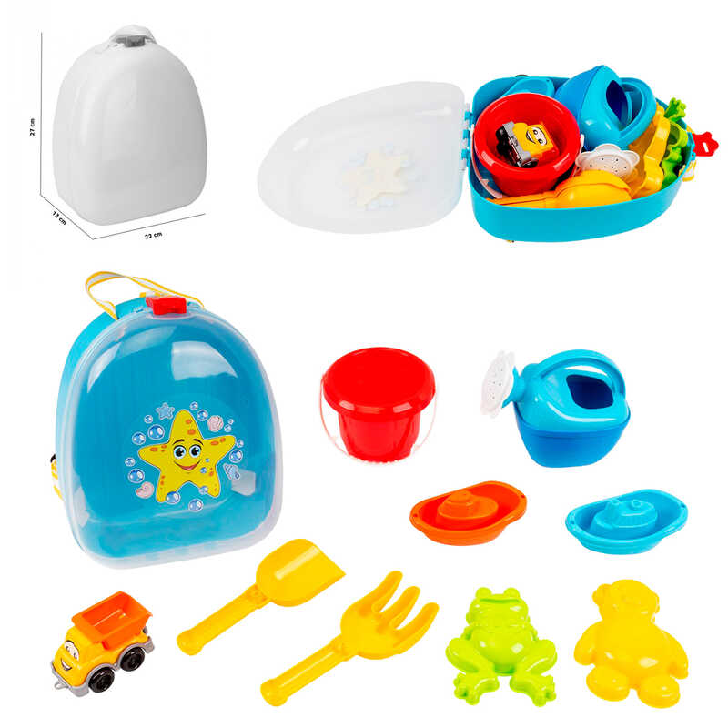 гр Набір для гри з піском 8881 (3) "Technok Toys", рюкзак, відерце, лопатка, граблі, формочки для піску, самоскид
