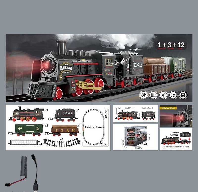 Залізниця 652 X14 (36/2) парогенерація, підсвічування, звук, акумулятор, дорога 78х129 см, 1 локомотив, 3 вагони, 12 елементів дороги, в коробці