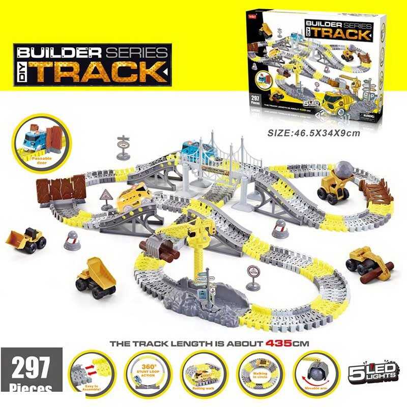 Трек 388 (24/2) 297 деталей, “Будівельна техніка”, машинка на батарейках, підсвічування, декорації, в коробці