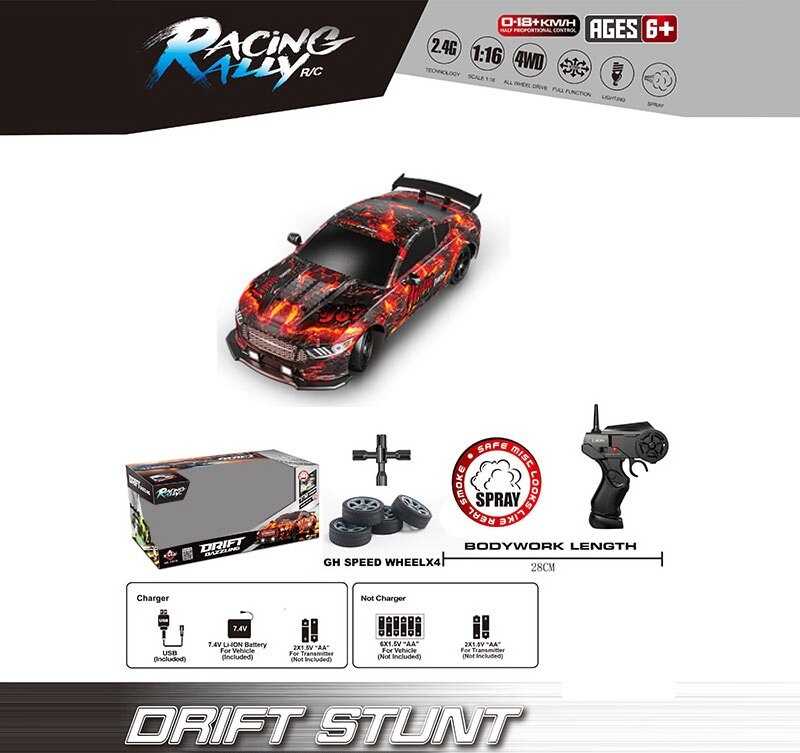 Машина на радіокеруванні SC 16 A 11 (12) масштаб 1:16, акумулятор 3.7V, пульт керування 2.4 GHz, дрифтує, 4WD, змінні колеса, підсвічування, парогенератор, в коробці