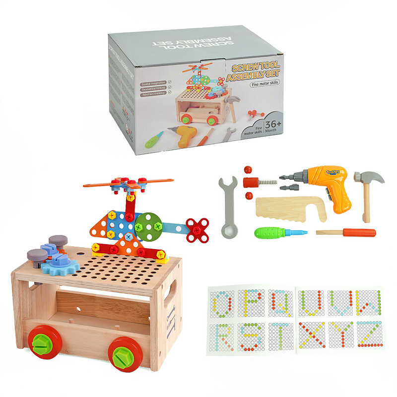 Ігровий центр C 65657 (12) дерев’яний, інструменти, ящик, столярний верстак, електричний шуруповерт, каталка, конструктор, в коробці