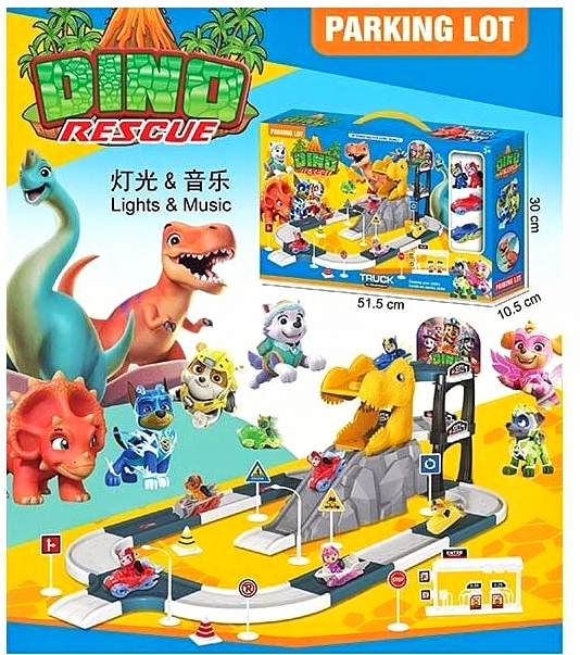 Трек 111-103 A «Щенячий патруль» DINO, 2 герої, підсвітка, музика, парковка, 3 поверхи, 2 машинки, дорожні знаки, заправна станція, в коробці