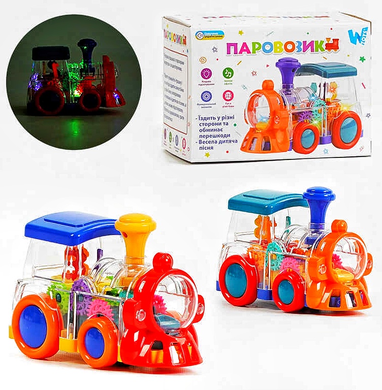 Паровозик ТК 52136 , "WToys", 2 кольори, ОЗВУЧУВАННЯ УКРАЇНСЬКОЮ МОВОЮ, звук, підсвічування, шестерні, колесо вільного ходу, в коробці