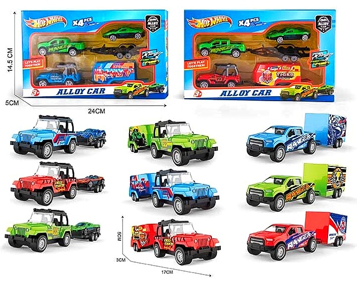 Набір машин T 914 «HOT WHEELS», 2 види, металопластик, 3 машинки, інерція, гумові колеса, причіп, трейлер, в коробці
