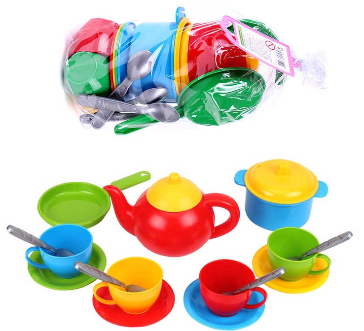 Набір посуду "Маринка 5" 1134 , "Technok Toys", чашки, блюдця, ложки, чайник, пательня, каструля, в пакеті