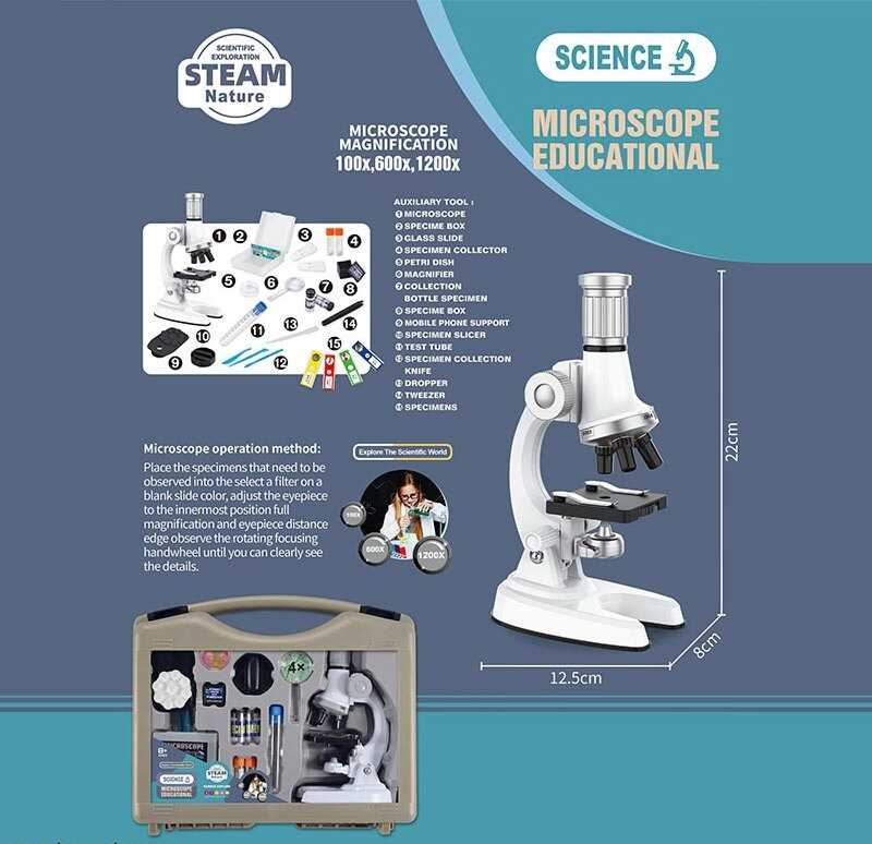Мікроскоп 3306 (24) збільшення 100х, 600х та 1200х, інструменти, скельця, підсвічування, лупа, мірна колба, на батарейках, у валізі