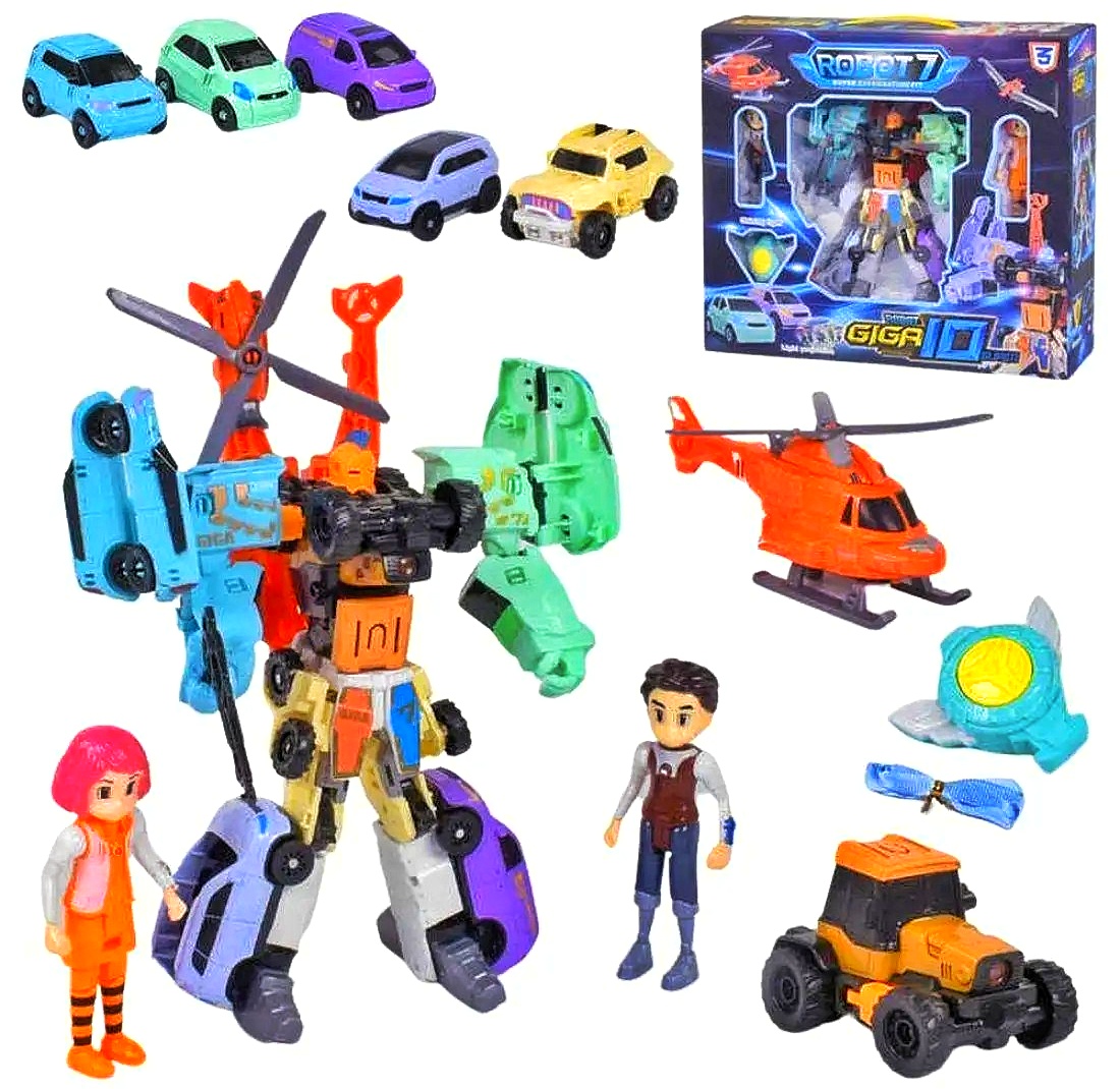 Трансформер Q 1905 , "Giga10" , транспорт 7 шт , фігурка 2 шт , світлові та звукові ефекти, в коробці