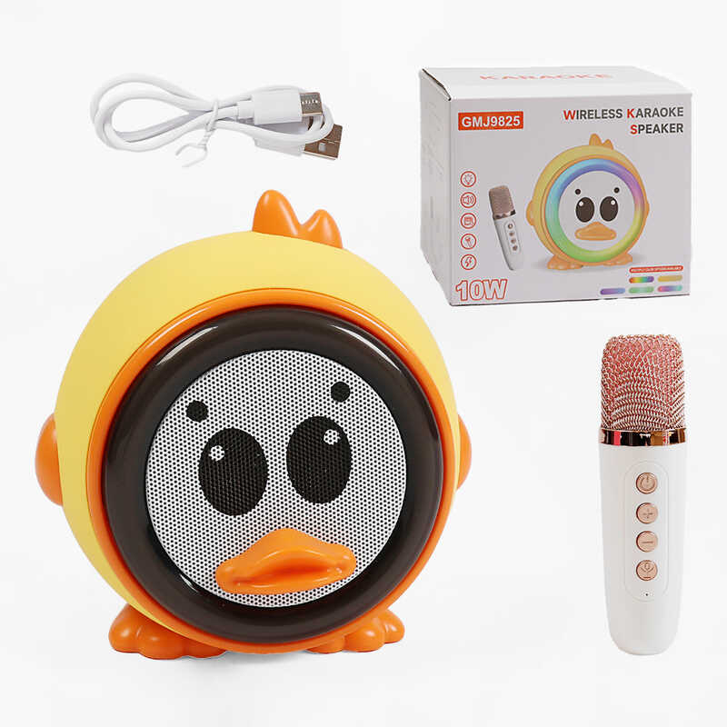 Караоке GMJ 9825 (36) 1 мікрофон, підсвічування, режими підсвічування, вбудований акумулятор, Bluetooth, слот для TF Card, USB-type-c кабель, USB-роз’єм, AUX-роз’єм, колонка, зміна голосу, в коробці