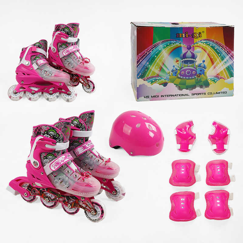 Ролики 9637-76 L розмір 39-43 (6) колір РОЖЕВИЙ, колеса PU, d колес – 6 см, устілка 24 см, підсвічування коліс, шолом, захист, в коробці