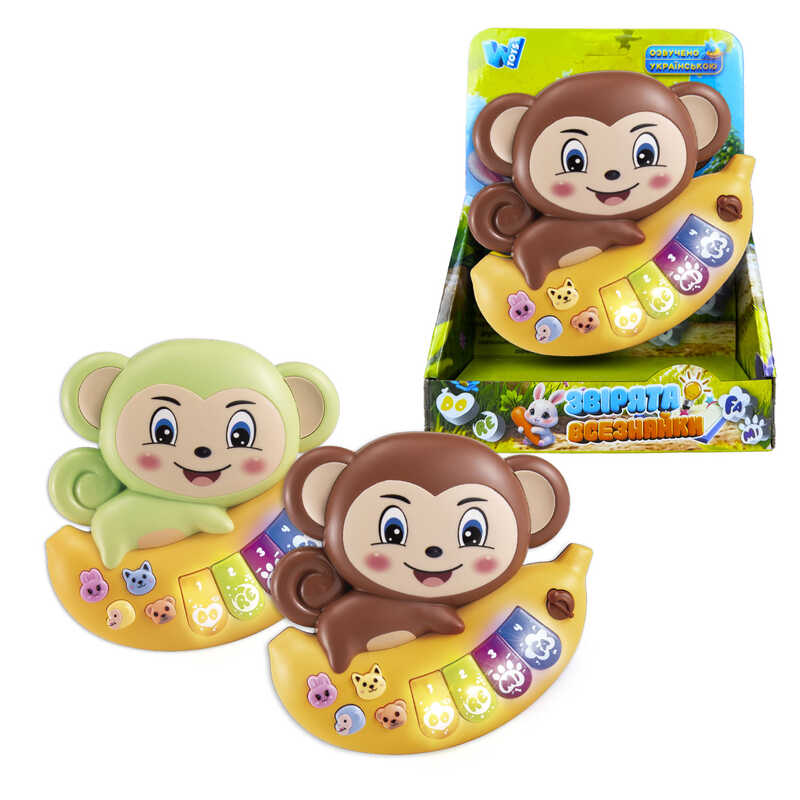 Піаніно 85270 (120/2) "WToys", "МАВПОЧКА", 2 кольори, ОЗВУЧУВАННЯ УКРАЇНСЬКОЮ МОВОЮ, ноти, мелодії, пісні, казки, підсвічування, цифри, звуки тварин, в коробці