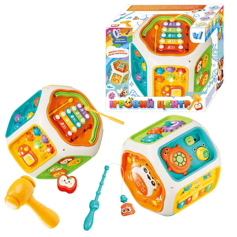 Ігровий центр 65540 (24) "WToys", ОЗВУЧУВАННЯ УКРАЇНСЬКОЮ МОВОЮ, підсвічування, пісні, казки, скоромовки, цифри, музичні інструменти: барабан, клавіші, ксилофон, гра на реакцію, магнітна риболовля, пальчикові ігри, сортер, шестерні, в коробці