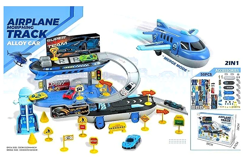 Парковка - літак6675 , 50 елементів,  2в1, металопластикова машинка, дорожні знаки, в коробці