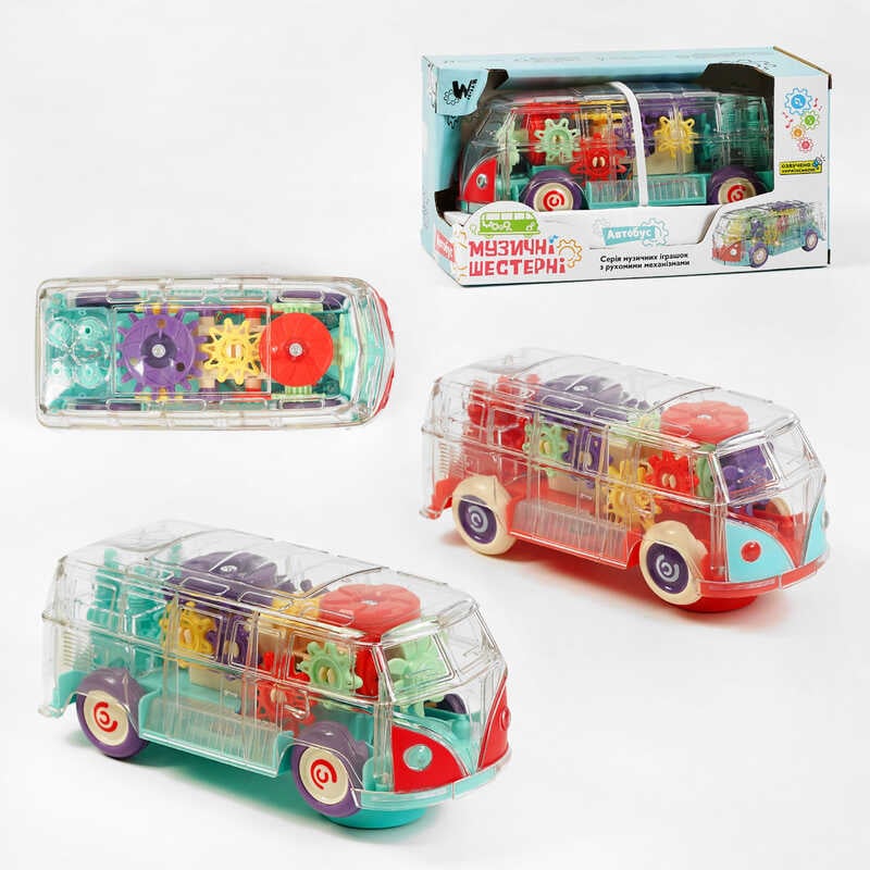 Автобус 60275 (80) "WToys", 2 кольори, світло, звук, прозорий корпус, колесо вільного ходу, рухомі шестерні, в коробці