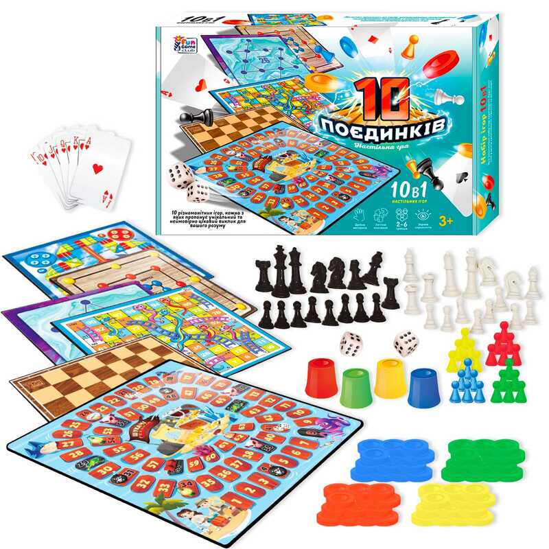 гр Гра 10 Поєдинків 23833 (12/2) "4FUN Game Club", ігрові поля, фішки, карти, шахи, шашки, кубик, в коробці