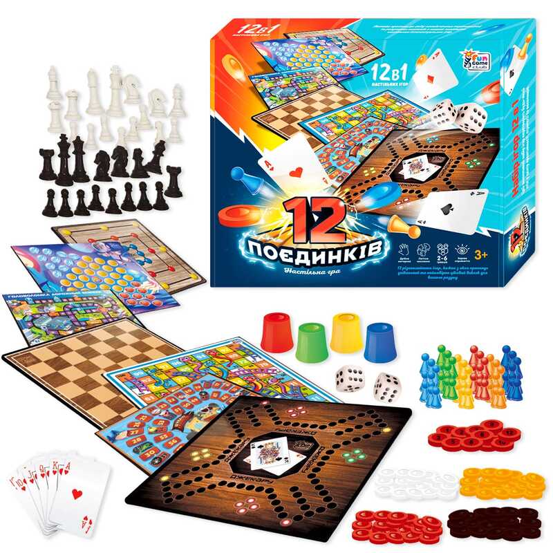 гр Гра 12 Поєдинків 92918 (12/2) "4FUN Game Club", ігрові поля, фішки, карти, шахи, шашки, кубик, в коробці