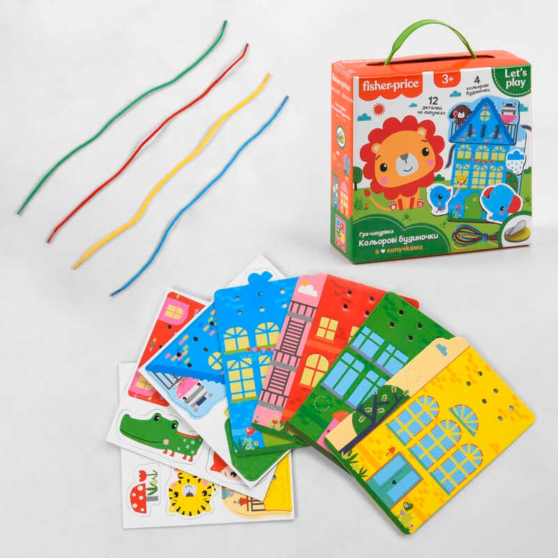 гр Гра-шнурівка "Fisher Price. Кольорові будиночки" VT 5303-26 (14) "Vladi Toys", на липучці, 4 ігрові картки, 16 ігрових елементів, в коробці