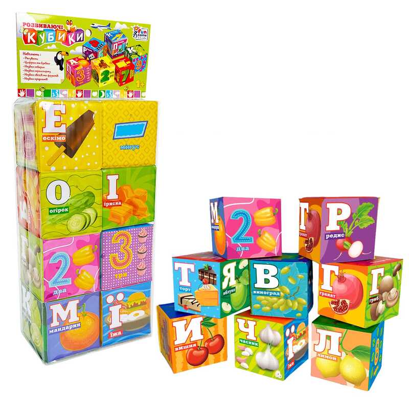 гр Кубики 10950 (36/2) "4FUN Game Club", "Їжа", 6 штук, м'які, водонепроникна тканина, літери, цифри, арифметичні знаки, в пакеті