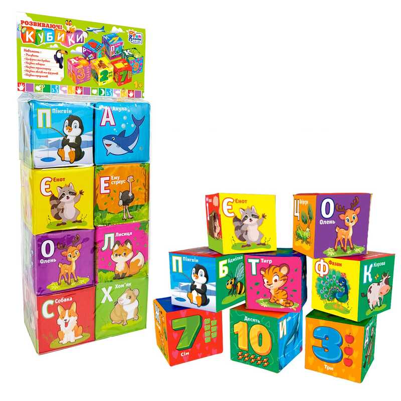 гр Кубики 40413 (36/2) "4FUN Game Club", "Тварини", 6 штук, м'які, водонепроникна тканина, літери, геометричні фігури, в пакеті