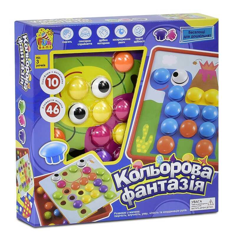 гр Мозаїка "Кольорова фантазія" 7033 (12/2) "4FUN Game Club", 10 платформ з малюнками, 46 елементів, у коробці