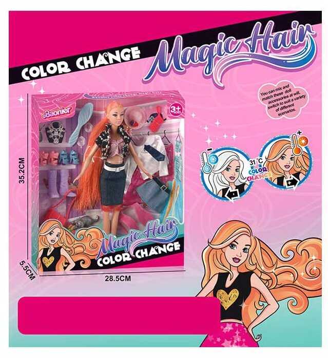 Лялька JJ 9914-1 W (48/2) висота - 30 см, змінює колір волосся, гумова голова, додаткові одяг та взуття, фігурка кішки, аксесуари, в коробці