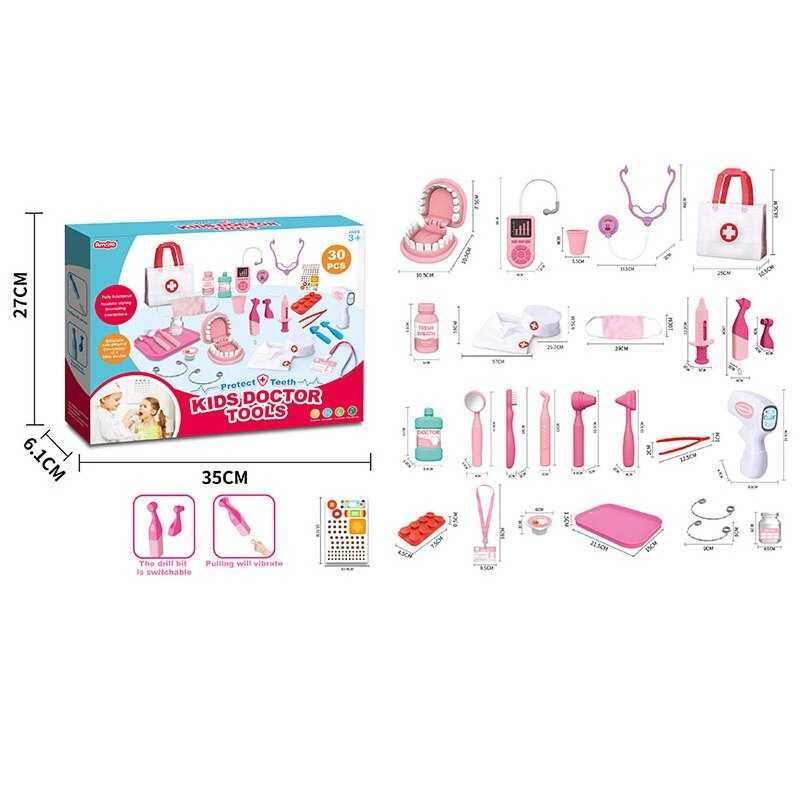 Набір лікаря A 83-4 (36/2) 30 елементів, бормашина з вібрацією, 2 щелепи, брекети, термометр, стетоскоп, дзеркальце для огляду, пінцет, медична сумочка, фартух, маска, в коробці