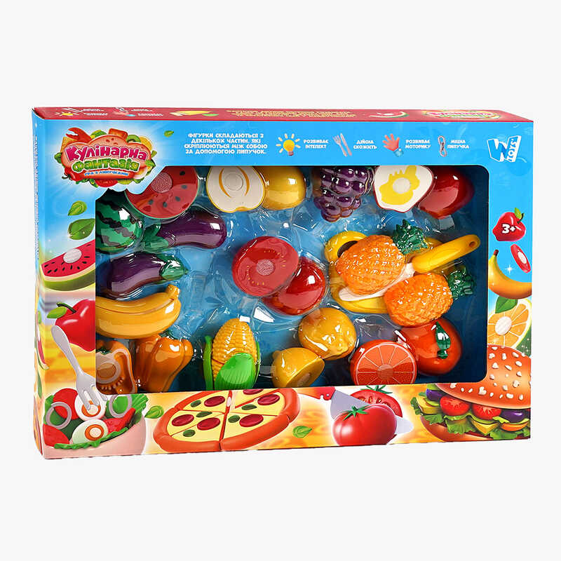 Набір продуктів “Кулінарна фантазія” 10265 (36/2) “Wtoys”, 25 елементів, овочі та фрукти на липучках, дошка для нарізання, ніж, в коробці