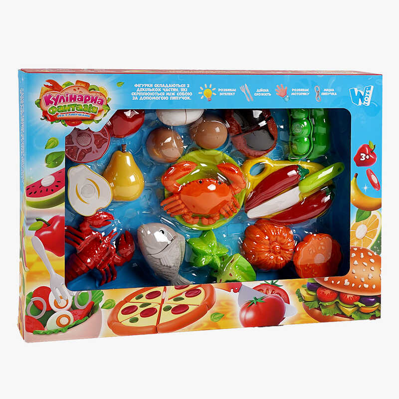 Набір продуктів “Кулінарна фантазія” 10280 (36/2) "WToys", 24 елементи, овочі та фрукти на липучках, дошка для нарізання, ніж, в коробці