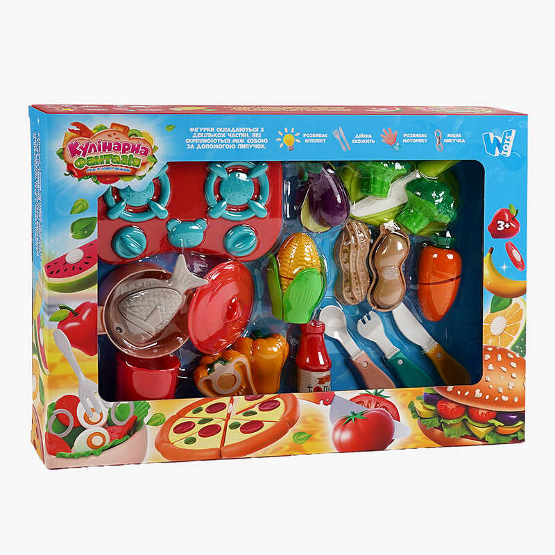 Набір продуктів “Кулінарна фантазія” 10385 (36/2) “Wtoys”, 24 елементи, овочі та фрукти на липучках, варильна поверхня, дошка для нарізання, ніж, в коробці