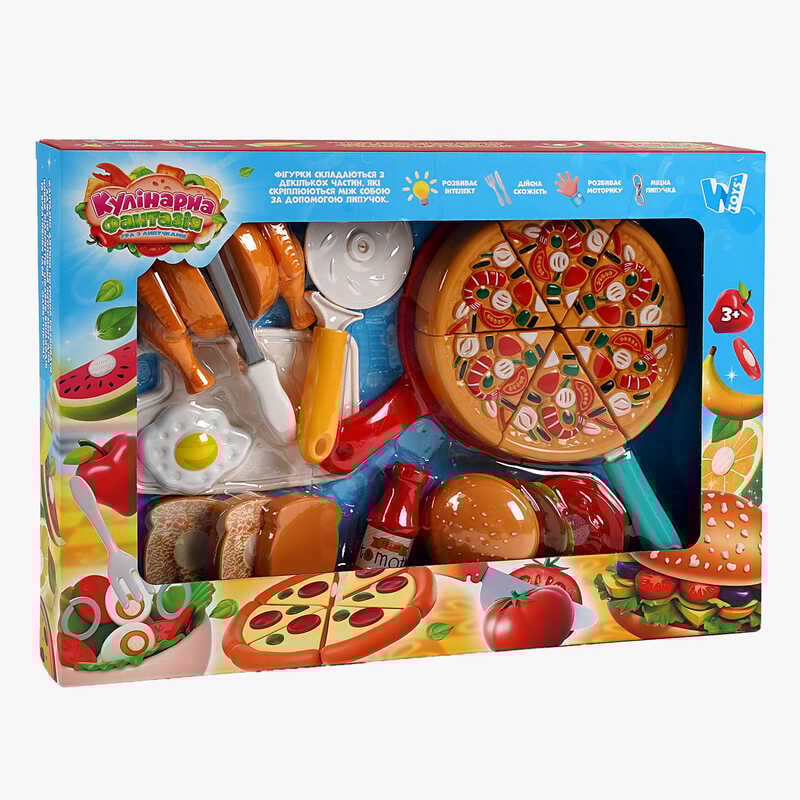 Набір продуктів “Кулінарна фантазія” 10455 (36/2) "WToys", 24 елементи, продукти на липучках, дошка для нарізання, ніж, сендвіч, гамбургер, в коробці