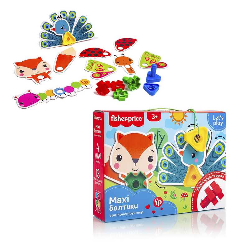 гр Гра конструктор "Fisher-Price MAXI Болтики" VT2905-23 (6) "Vladi Toys", 13 двосторонніх карток, 4 болтики, 4 гайки
