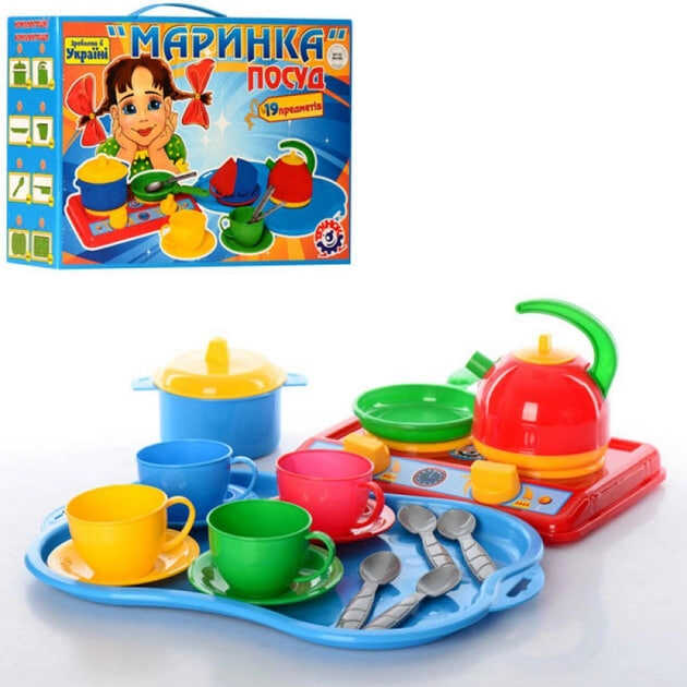 гр Кухня "Маринка" 1554 (5) "Technok Toys", чашки, блюдця, ложки, пательня, кастрля, чайник, плита, таця, в коробці