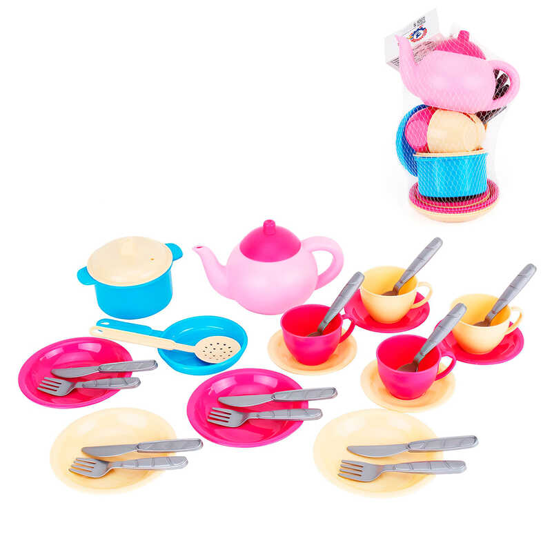 гр Набір посуду "Маринка 11" 1653 (21) "Technok Toys", чашки, блюдця, ложки, тарілки, каструля, чайник, столове приладдя, в сітці