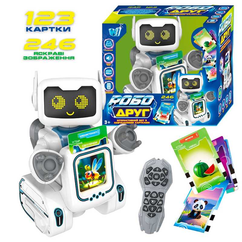 Робот-картридер на радіокеруванні “РобоДруг” 89610 (12) "WToys", ОЗВУЧУВАННЯ УКР МОВОЮ, 123 картки, 246 зображень, казки, пісні, історії, у коробці