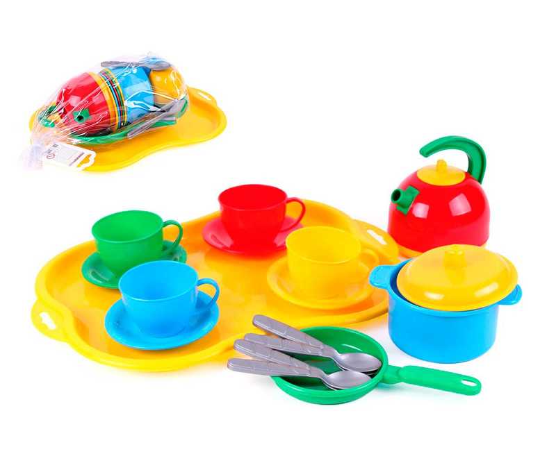 гр Набір посуду "Маринка 7" 1400 (16) "Technok Toys", каструля, пательня, кришка, чайник, 4 чашки з блюдцями, 4 ложки, таця, 32см, в пакеті