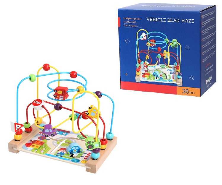 Пальчиковий лабіринт C 75528 (12) дерев’яний, намистинки, машинки, в коробці