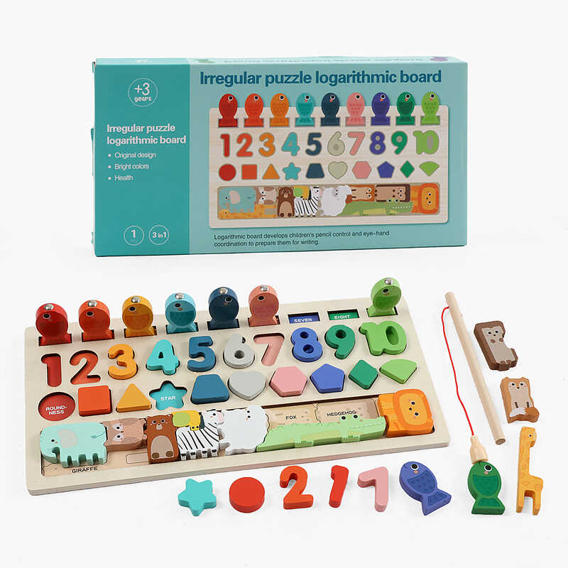 Логічна дерев’яна дошка C 73280 (60) магнітна риболовля, назви англійською мовою, цифри, геометричні фігури, сортер, мішечок, тваринки, пазл, в коробці