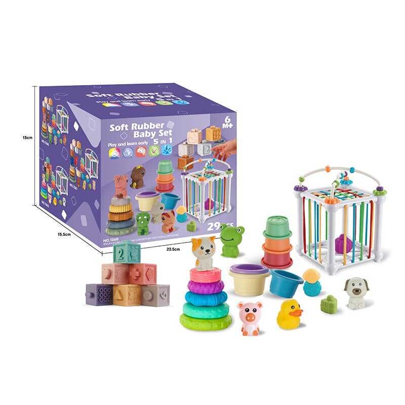 Набір для розвитку 1362 (18) пальчиковий театр, пірамідка, пірамідка з чашечок, кубики, куб із формами, ігри із намистинами, в коробці