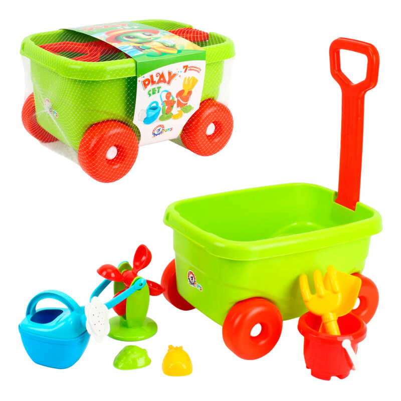 гр Набір для гри з піском 1409 (2) "Technok Toys", візочок, граблі, лопатка, млин, лійка, 2 форми, в сітці