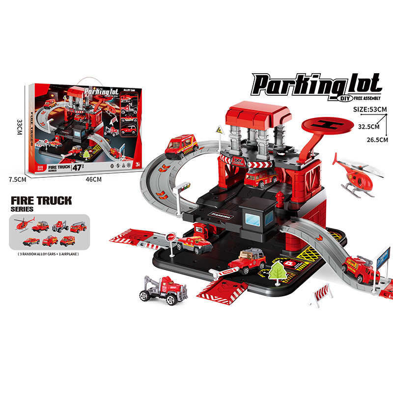 Трек 666-10 (24) 3 металопластикові машинки, гелікоптер, 3 рівні, муляжі оточення, наліпки, в коробці