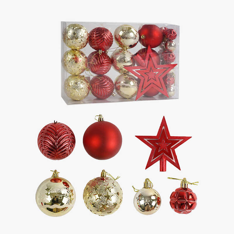 Новорічні прикраси C 67497 (32) 24 штуки, зірочка-верхівка, кульки, maх D=8, min D=4 см, у слюді