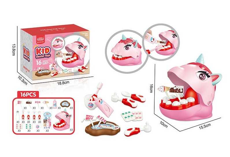 Набір стоматолога 623-921 (72/2) 16 елементів, голова єдинорога, отвори в зубах, інструменти, зубна паста, щітка, щипці, солодощі на паличках, в коробці