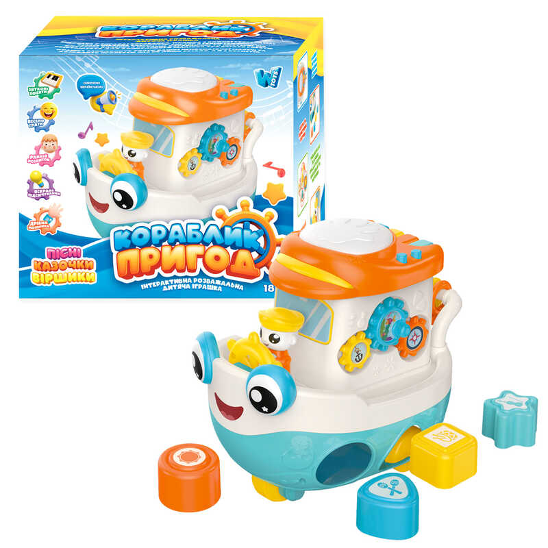Гра "Кораблик пригод" 45234 (32/2) "WToys", ОЗВУЧ. УКРАЇНСЬКОЮ МОВОЮ, 8 казок, ноти, підсвічування, пісні, тріскачка, пискавка, цифри, каталка, рухомі елементи, в коробці