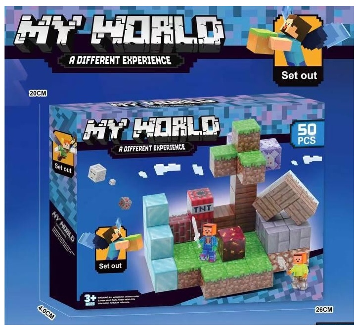 Конструктор магнітний «Minecraft» SX50 , 50 магніт. блоки , р-р 1 блока - 2 * 2 см , коробка , герої "Майнкрафт"
