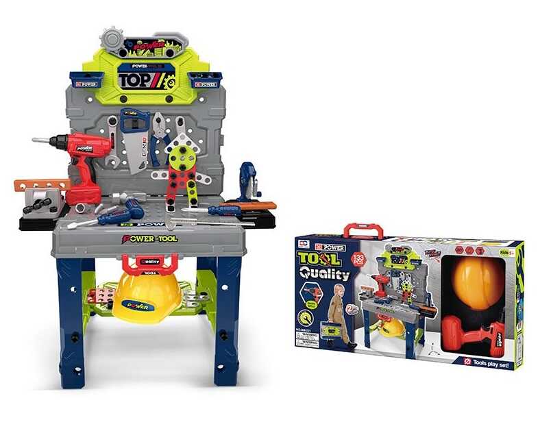 Набір інструментів 008-201 (8) конструктор, шуруповерт обертається, реверс, верстат, каска, валіза, молоток, тиски, пилка, викрутки, гайковий ключ, штангенциркуль, болти, в коробці