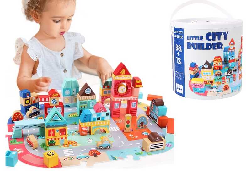 Конструктор дерев’яний C 75545 (12) 12 пазлів, 88 дерев’яних елементів, мішечок, у відрі