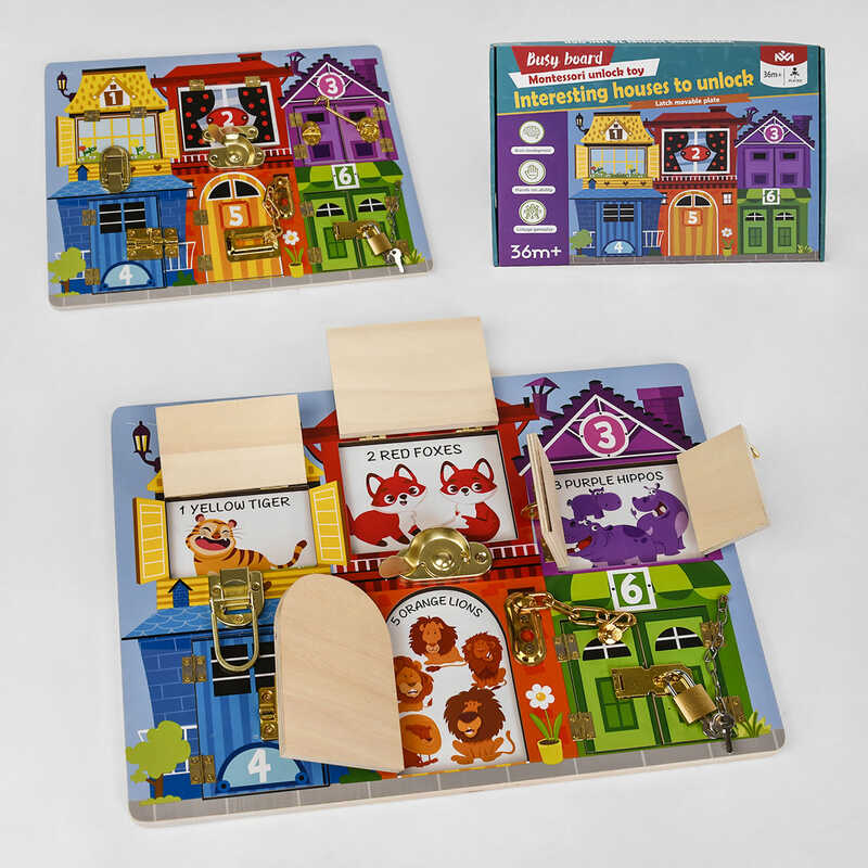 Бізіборд дерев'яний С 49417 (20) “Квартирки з тваринами”, 6 видів замочків, що відкриваються віконця, в коробці