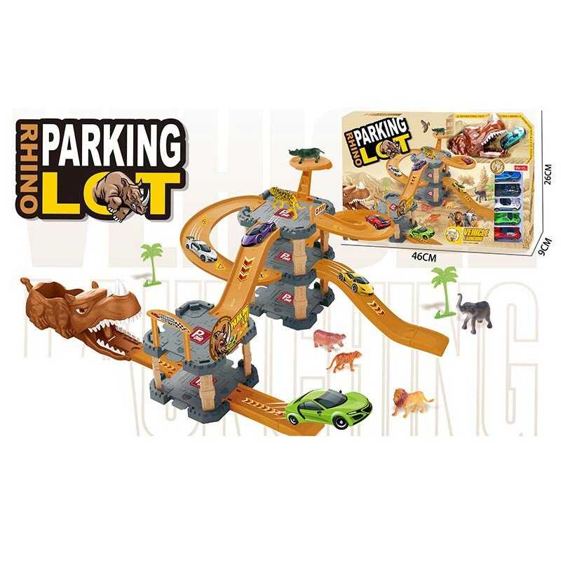 Трек 8881 (24/2) 3 рівні, 6 металопластикових машинок, механічний запускач, фігурки тварин, в коробці