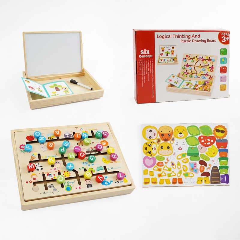 Дерев'яна магнітна дошка C 65726 (36) 3в1: пальчиковий лабіринт, магнітна гра, дошка для малювання, маркер “пиши-стирай”, в коробці